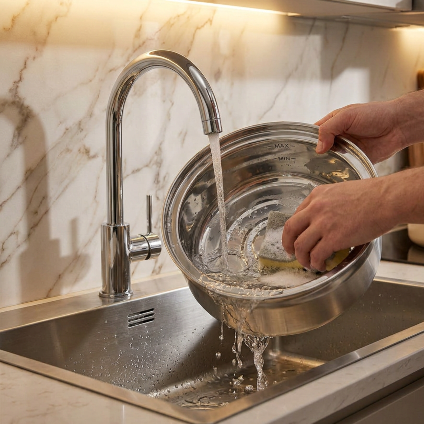 Rinsing a stainless steel cat water fountain under a kitchen tap