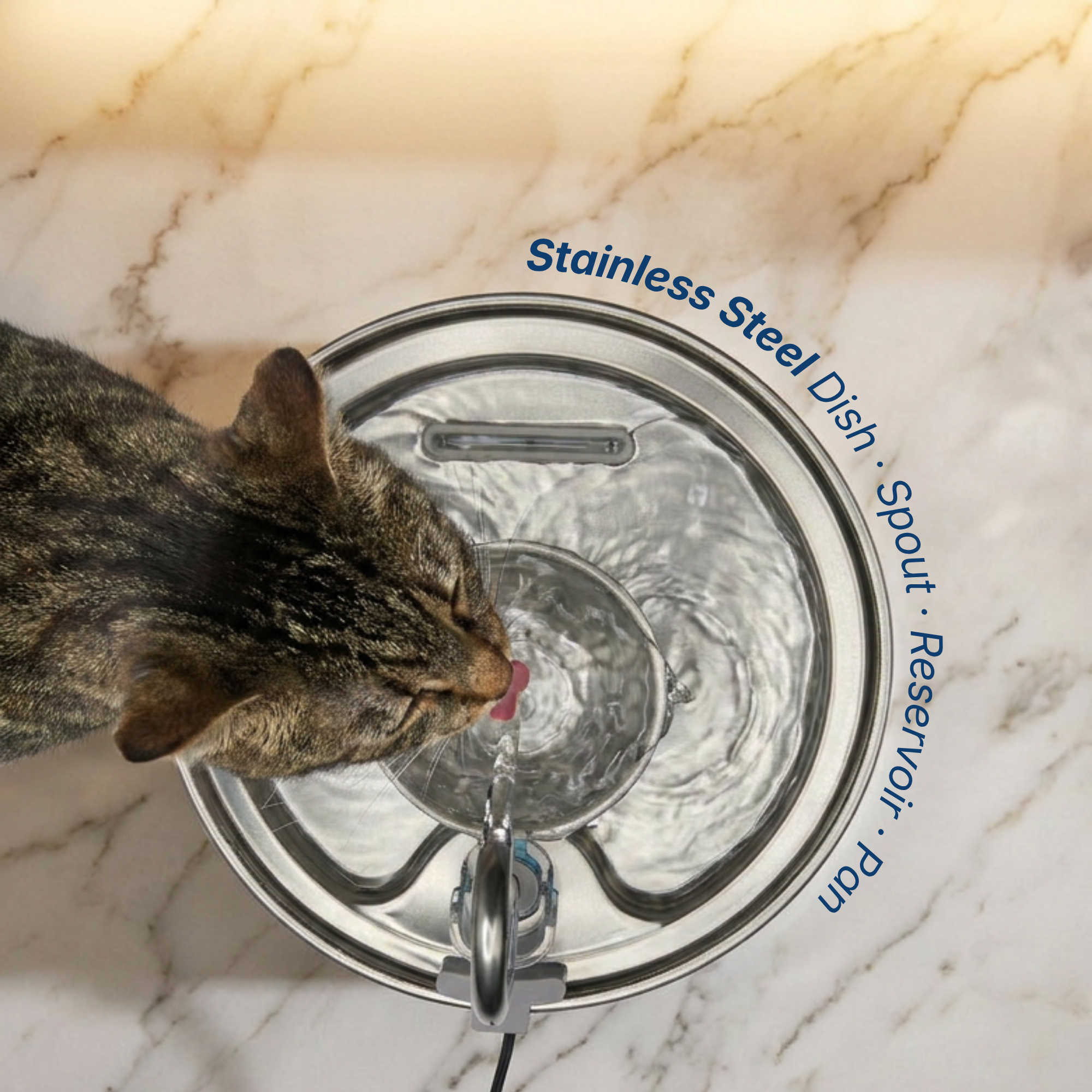 Dripurr cat fountain stainless steel parts — drinking dish, spout, reservoir, and pan